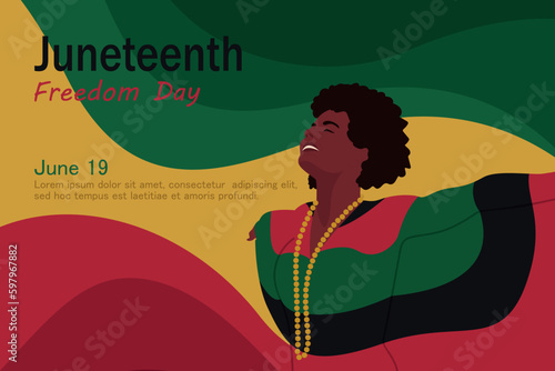 Vector horizontal banner with black woman on red, green and black background color of African flag. Freedom or Emancipation Day. Annual American holiday. Banner for website, social media, print.