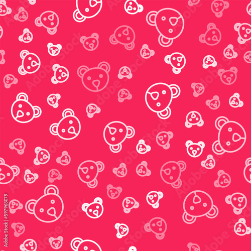 White line Teddy bear plush toy icon isolated seamless pattern on red background. Vector