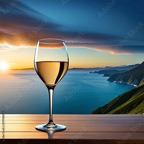 A glass of wine on a table overlooking the ocean.