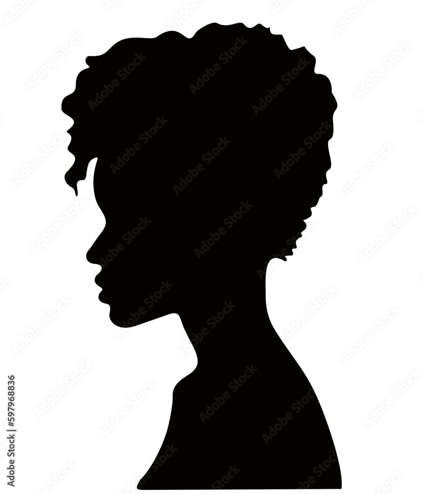 Black graceful silhouette of the head of an African woman in profile. Side view of black woman with curly hairstyle. Vector illustration of African American woman profile