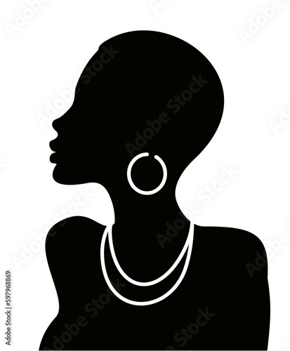 Black graceful silhouette of the head of an African woman in profile. Side view of black woman with curly hairstyle. Vector illustration of African American woman profile