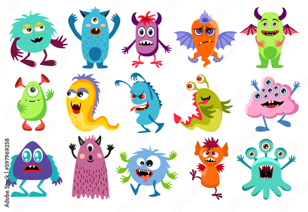 funny monsters set. Cute cartoon creatures on white background. Texture for kids apparel, fabric, textile, wrapping. Vector illustration funny monsters set. Cute cartoon creatures on white background. Texture for kids apparel, fabric, textile, wrapping. Vector illustration