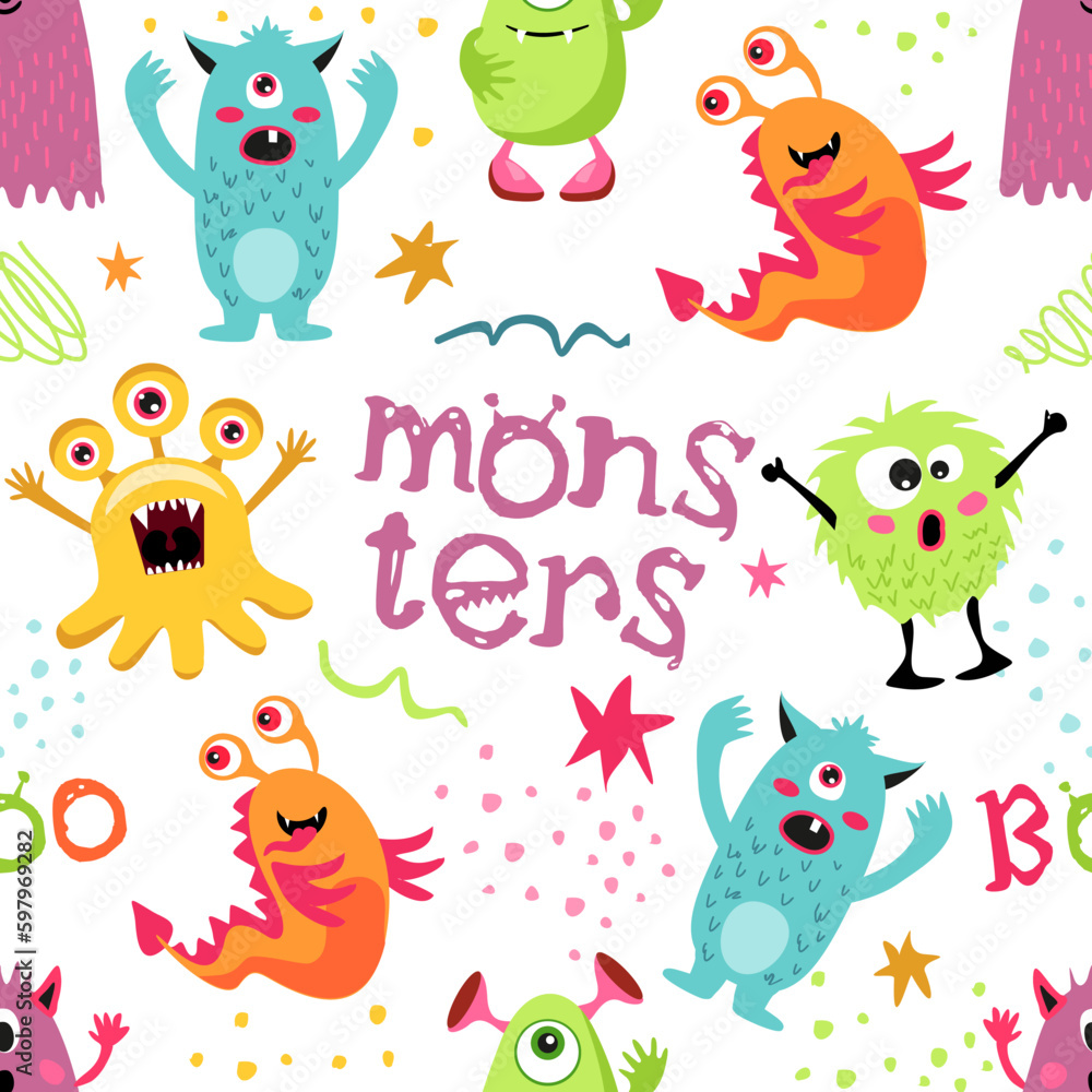 Naklejka premium Seamless pattern with funny monsters. Cute cartoon creatures on white background. Texture for kids apparel, fabric, textile, wrapping. Vector illustration