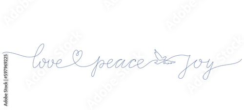 Love, Peace, Joy. Typography image with lettering. Bible, religious vector fun quote. Cursive one line alligraphy black color text on white background Vector word illustration. photo