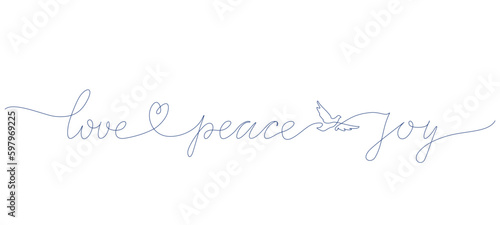 Love, Peace, Joy. Typography image with lettering. Bible, religious vector fun quote. Cursive one line alligraphy black color text on white background Vector word illustration.