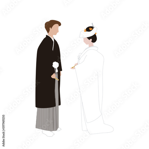 和装の新郎新婦　花嫁花婿　　白無垢　角隠し　横向き　白背景　のイラスト