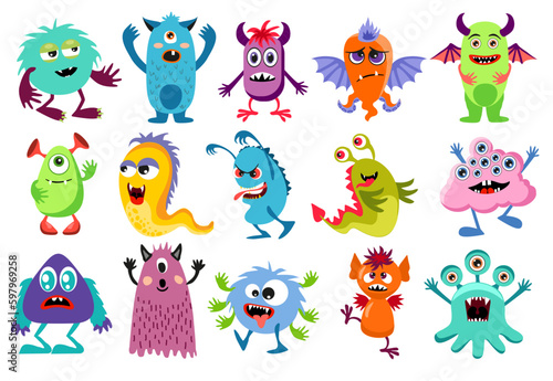 funny monsters set. Cute cartoon creatures on white background. Texture for kids apparel, fabric, textile, wrapping. Vector illustration