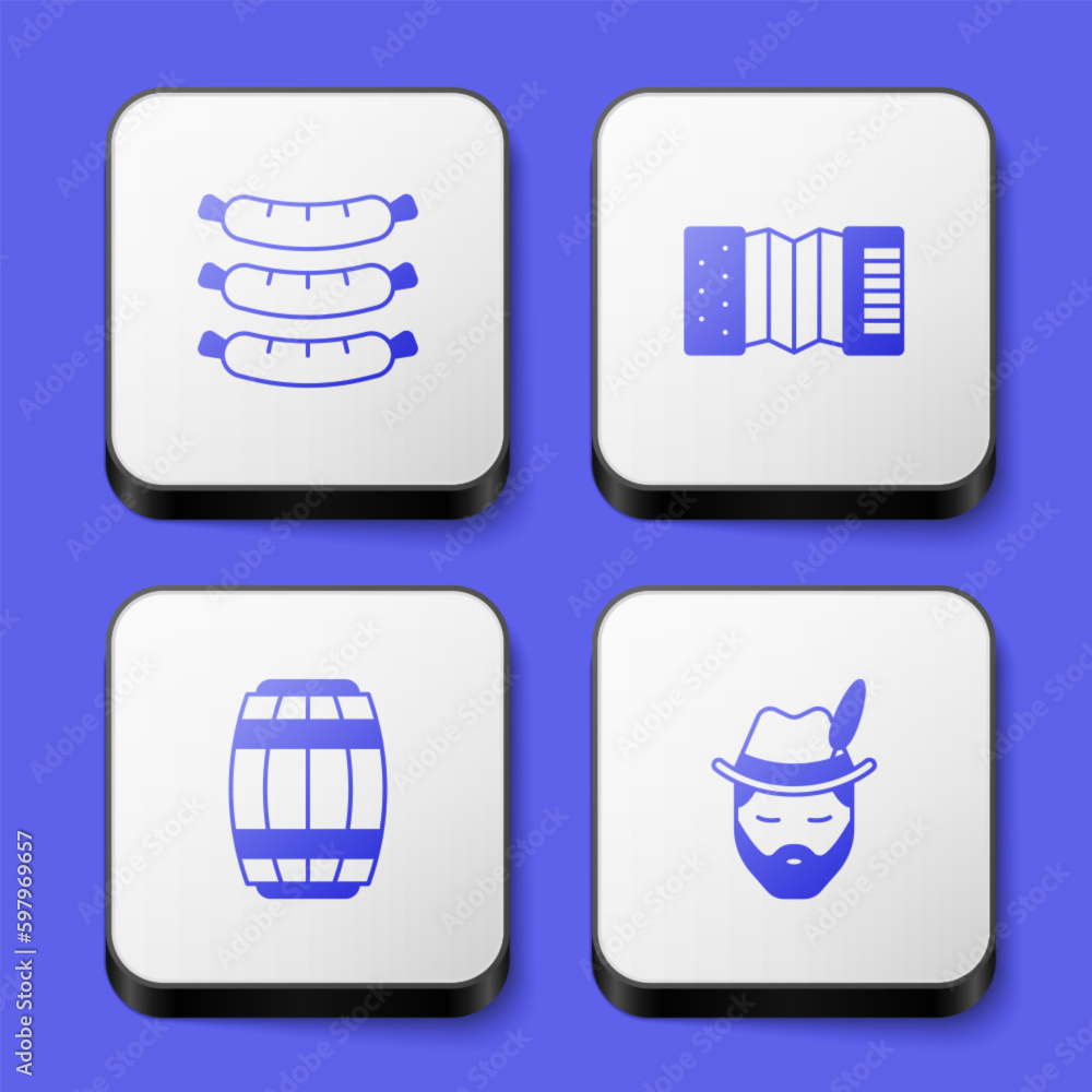 Set Sausage, Accordion, Wooden barrel and Oktoberfest man icon. White square button. Vector Set Sausage, Accordion, Wooden barrel and Oktoberfest man icon. White square button. Vector