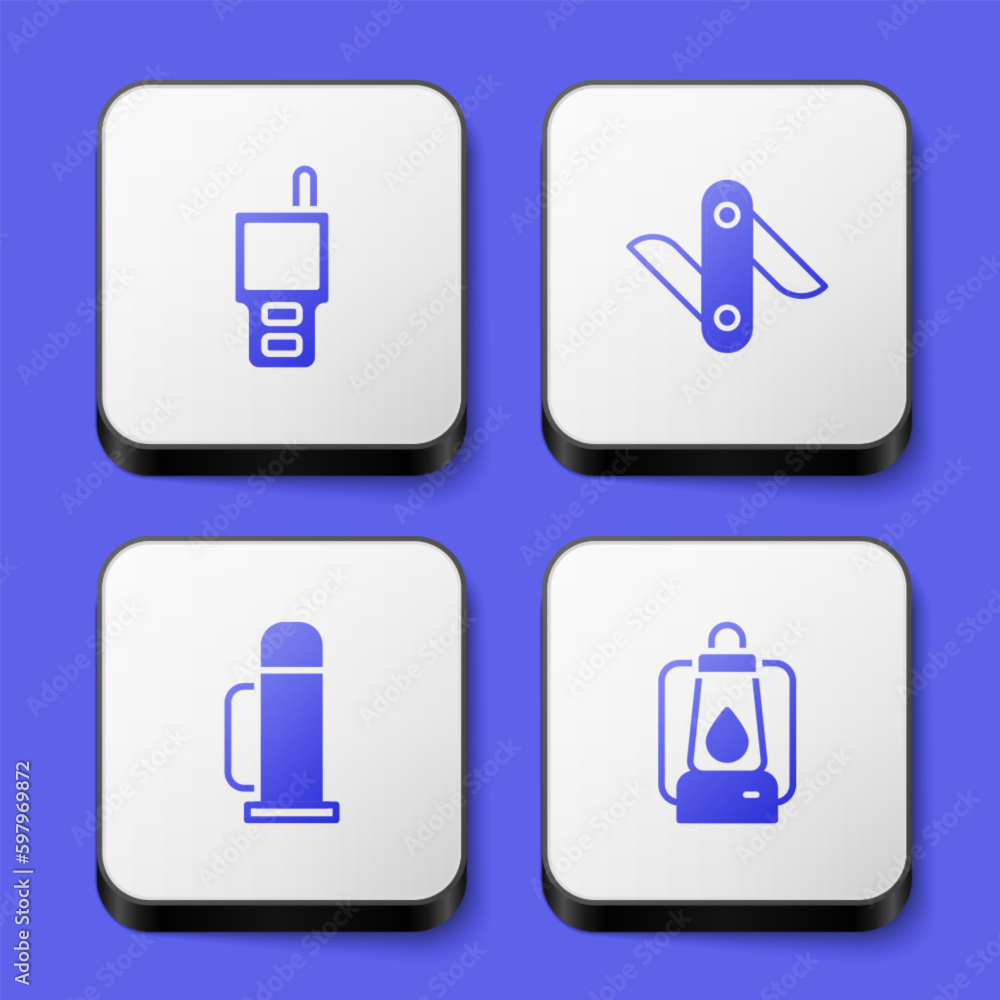 Set Walkie talkie, Swiss army knife, Thermos container and Camping lantern icon. White square button. Vector Set Walkie talkie, Swiss army knife, Thermos container and Camping lantern icon. White square button. Vector