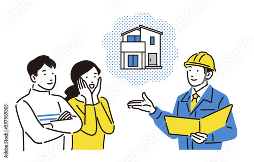 注文戸建て住宅の説明をする作業服の男性