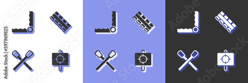 Set Target sport, Trap hunting, Burning match with fire and Hunting cartridge belt icon. Vector