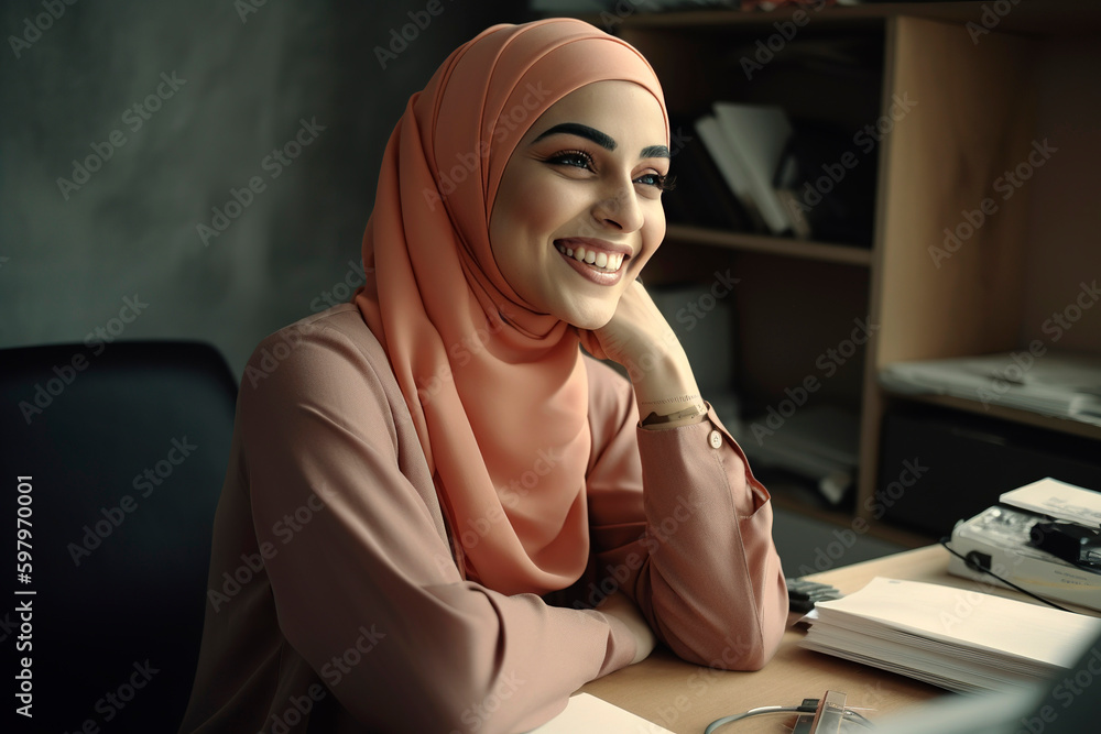 Generative AI illustration of Muslim young woman in hijab working in an office with a computer. Working woman concept Generative AI illustration of Muslim young woman in hijab working in an office with a computer. Working woman concept