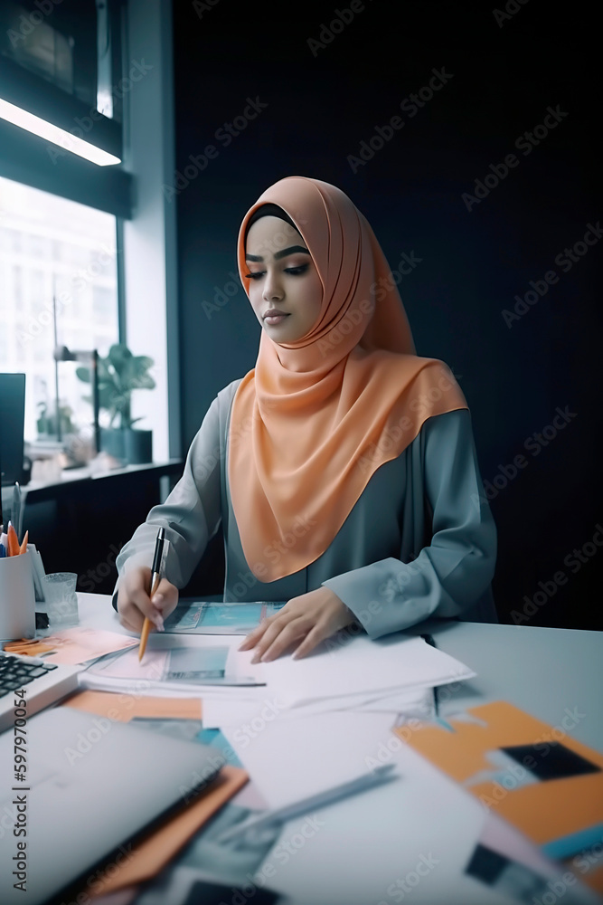 Generative AI illustration of Muslim young woman in hijab working in an office with a computer. Working woman concept Generative AI illustration of Muslim young woman in hijab working in an office with a computer. Working woman concept