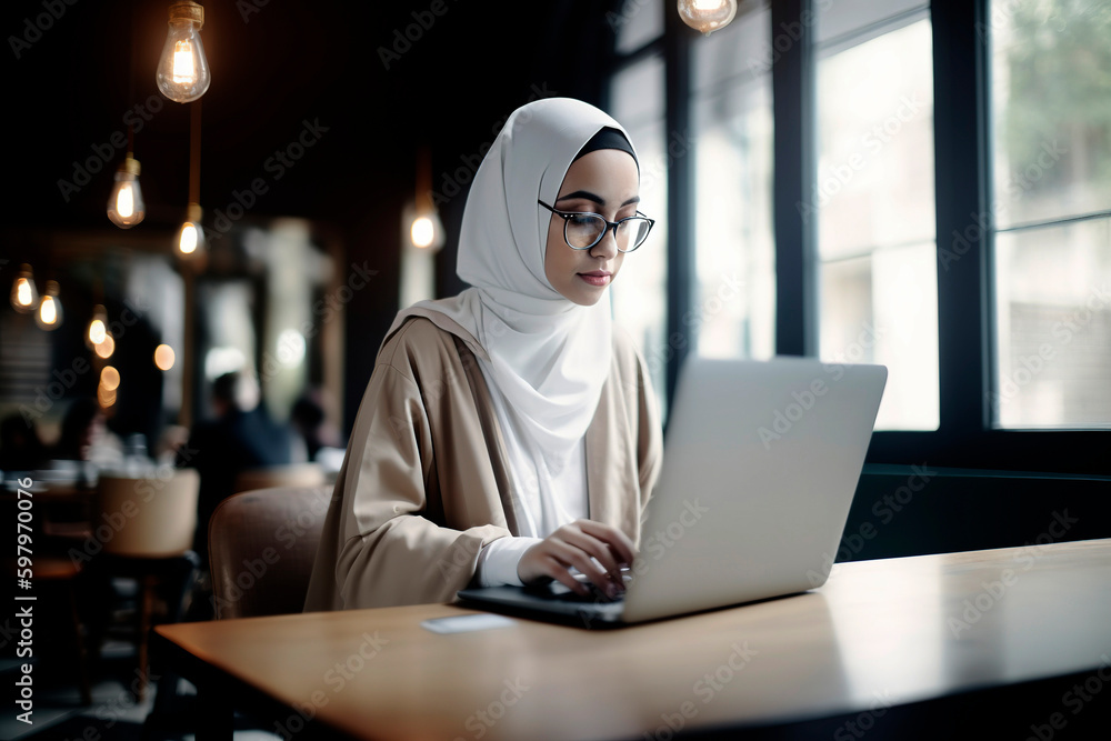 Generative AI illustration of Muslim young woman in hijab working in an office with a computer. Working woman concept
