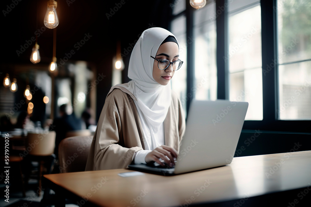 Generative AI illustration of Muslim young woman in hijab working in an office with a computer. Working woman concept Generative AI illustration of Muslim young woman in hijab working in an office with a computer. Working woman concept