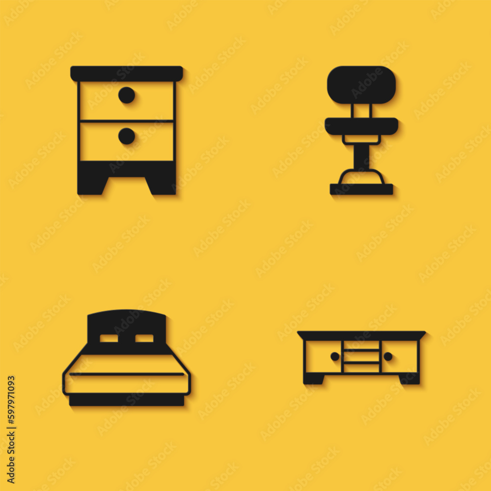 Set Furniture nightstand, TV table, Big bed and Office chair icon with long shadow. Vector Set Furniture nightstand, TV table, Big bed and Office chair icon with long shadow. Vector