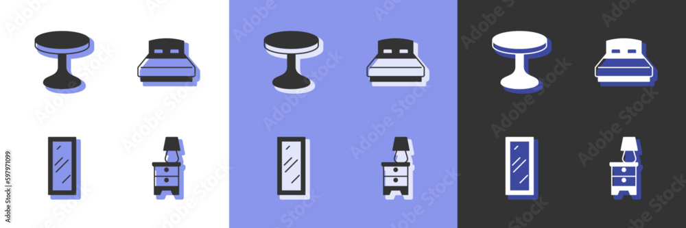 Set Furniture nightstand with lamp, Round table, Big full length mirror and bed icon. Vector Set Furniture nightstand with lamp, Round table, Big full length mirror and bed icon. Vector