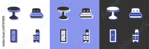 Set Furniture nightstand with lamp, Round table, Big full length mirror and bed icon. Vector