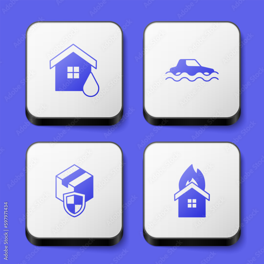 Set House flood, Flood car, Delivery security with shield and Fire in burning house icon. White square button. Vector Set House flood, Flood car, Delivery security with shield and Fire in burning house icon. White square button. Vector