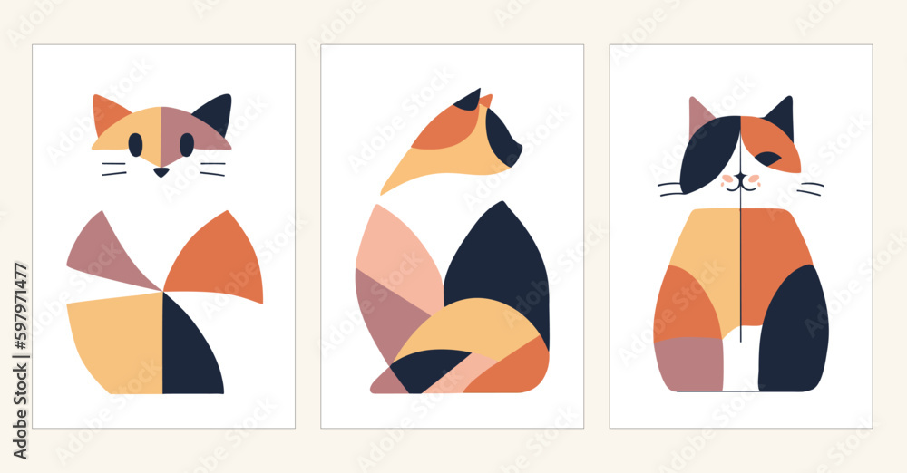 Fototapeta Set of 3 Calico cat wall art vector. Colorful minimalist cat portraits with vibrant colors.