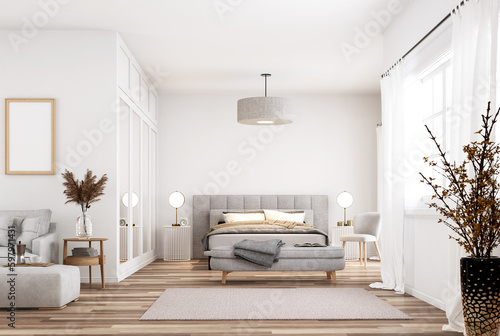 Modern style white bedroom and living room3d render The room has a parquet floor decorated with light gray fabric furniture and translucent white curtains, natural light comes through the room. © onzon