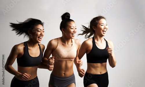 Group of fit Women in sportswear running,  Isolated on white background. Mixed Ethnicity, enjoying an active and healthy lifestyle, shallow depth of field, Illustrative Generative AI. Not real people.