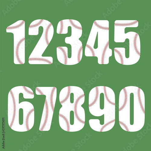 Vector set of baseball numbers on green background.