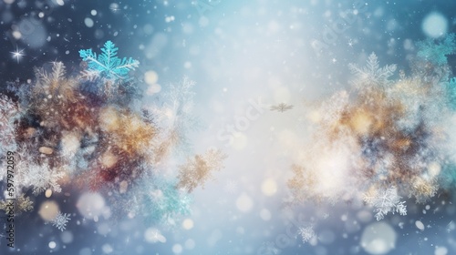 Abstract beautiful Christmas background with shiny snowflakes and bokeh. Fantasy winter backdrop with copy space. AI generative image. © vlntn