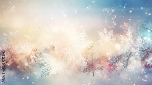 Abstract beautiful Christmas background with shiny snowflakes and bokeh. Fantasy winter backdrop with copy space. AI generative image.