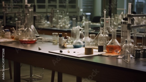 Illustration of laboratory or chemistry classroom with glass flasks and measuring tools. Indoor background. AI generative image.