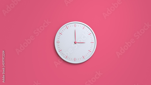White wall clock isolated on pink background. 3D rendering illustration.