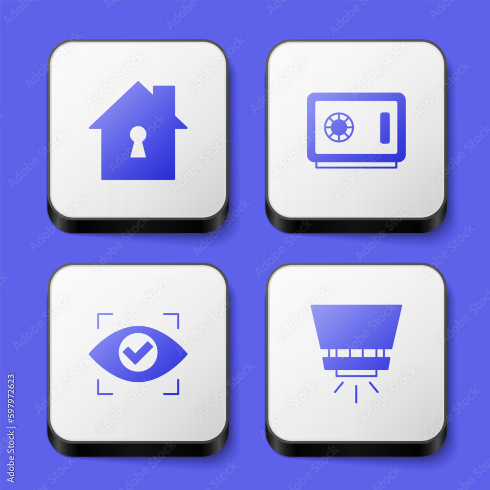 Set House under protection, Safe, Eye scan and Fire sprinkler system icon. White square button. Vector Set House under protection, Safe, Eye scan and Fire sprinkler system icon. White square button. Vector