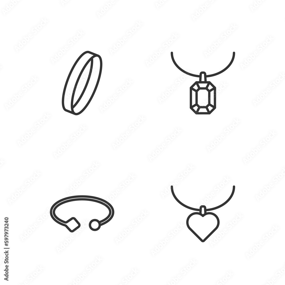 Set line Necklace with heart shaped, Bracelet jewelry, Wedding ring and Pendant on necklace icon. Vector Set line Necklace with heart shaped, Bracelet jewelry, Wedding ring and Pendant on necklace icon. Vector