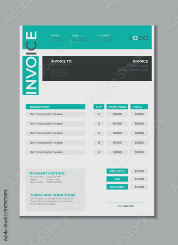 Invoice template design, billing cash voucher, money receipt cash memo layout design with mockup