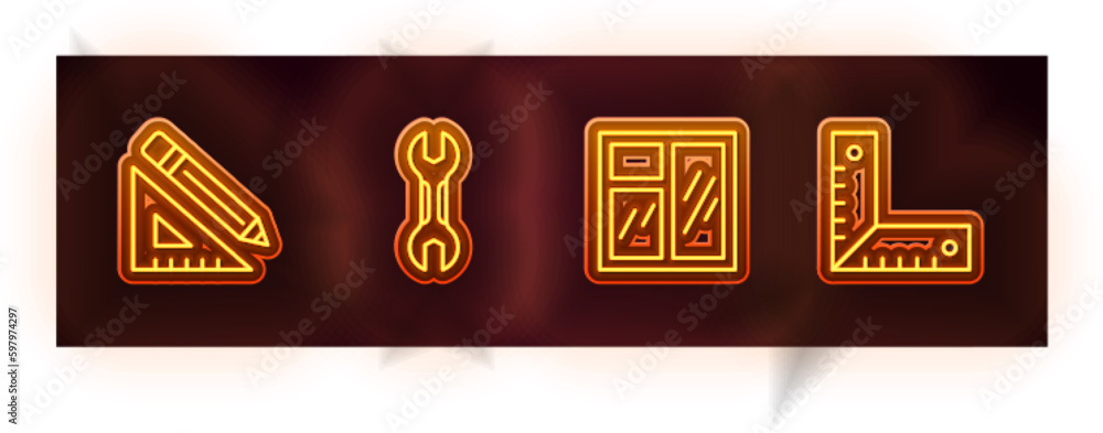 Set line Triangular ruler and pencil, Wrench spanner, Window in room and Corner. Glowing neon icon. Vector Set line Triangular ruler and pencil, Wrench spanner, Window in room and Corner. Glowing neon icon. Vector