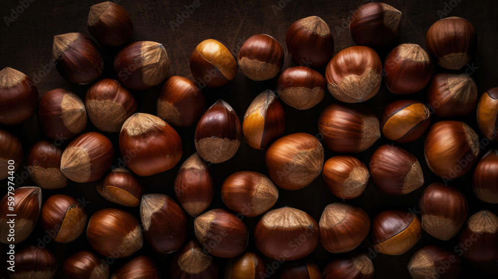 Top view on heap of chestnuts. Pile of ripe chestnuts for food background. Generative AI Top view on heap of chestnuts. Pile of ripe chestnuts for food background. Generative AI