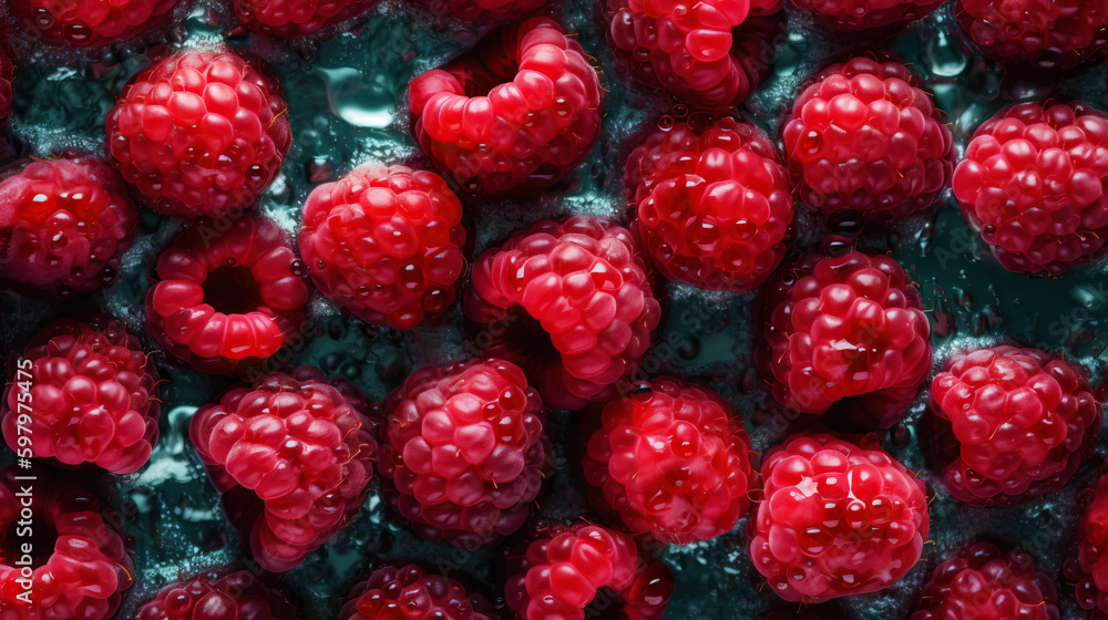 Fresh ripe raspberry with water drops background. Berries backdrop. Generative AI Fresh ripe raspberry with water drops background. Berries backdrop. Generative AI