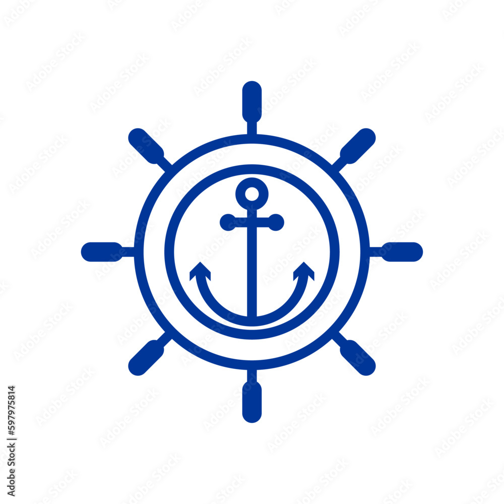Logo nautical. Silueta lineal de timón y ancla de barco Stock Vector