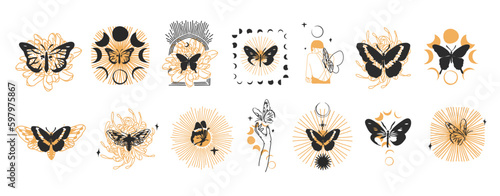 Hand drawn vector abstract graphic illustrations celestial design concept with logo magic line silhouette set of mystic flying butterfly,moth,sun and moon phase isolated. Magic drawing butterfly icon.