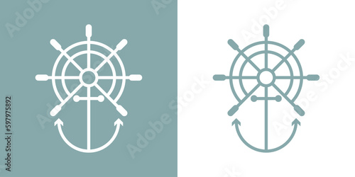Logo nautical. Silueta lineal de timón y ancla de barco 