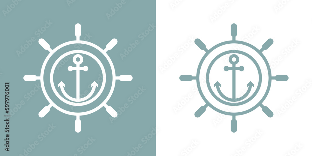 Logo nautical. Silueta lineal de timón y ancla de barco Logo nautical. Silueta lineal de timón y ancla de barco