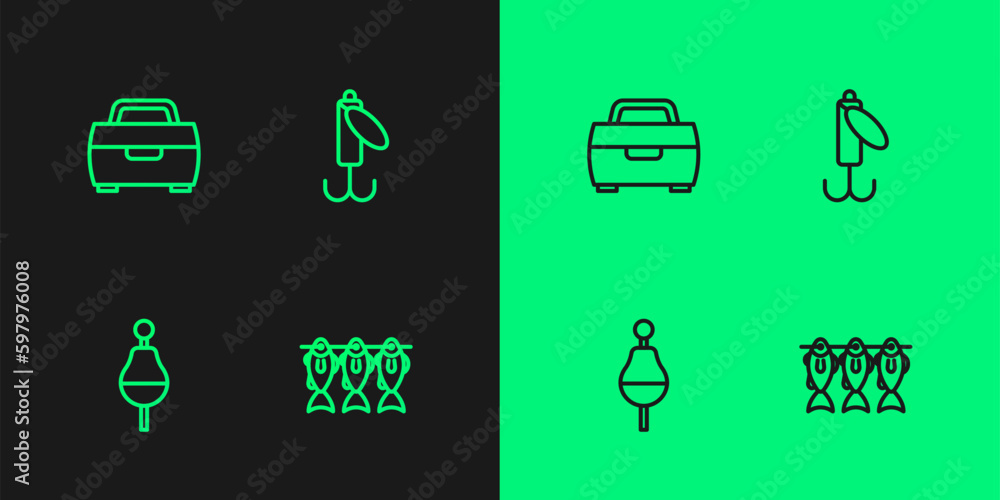Set line Dried fish, Fishing float, Case or box for fishing equipment and lure icon. Vector Set line Dried fish, Fishing float, Case or box for fishing equipment and lure icon. Vector