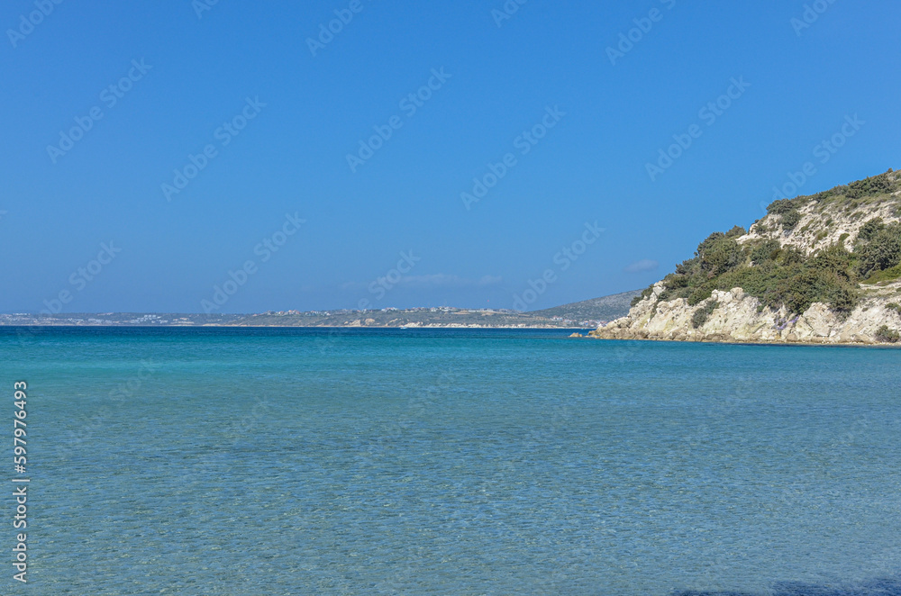 scenic view of Aegean sea and Cesme coast from Pirlanta beach (Izmir province, Turkey)