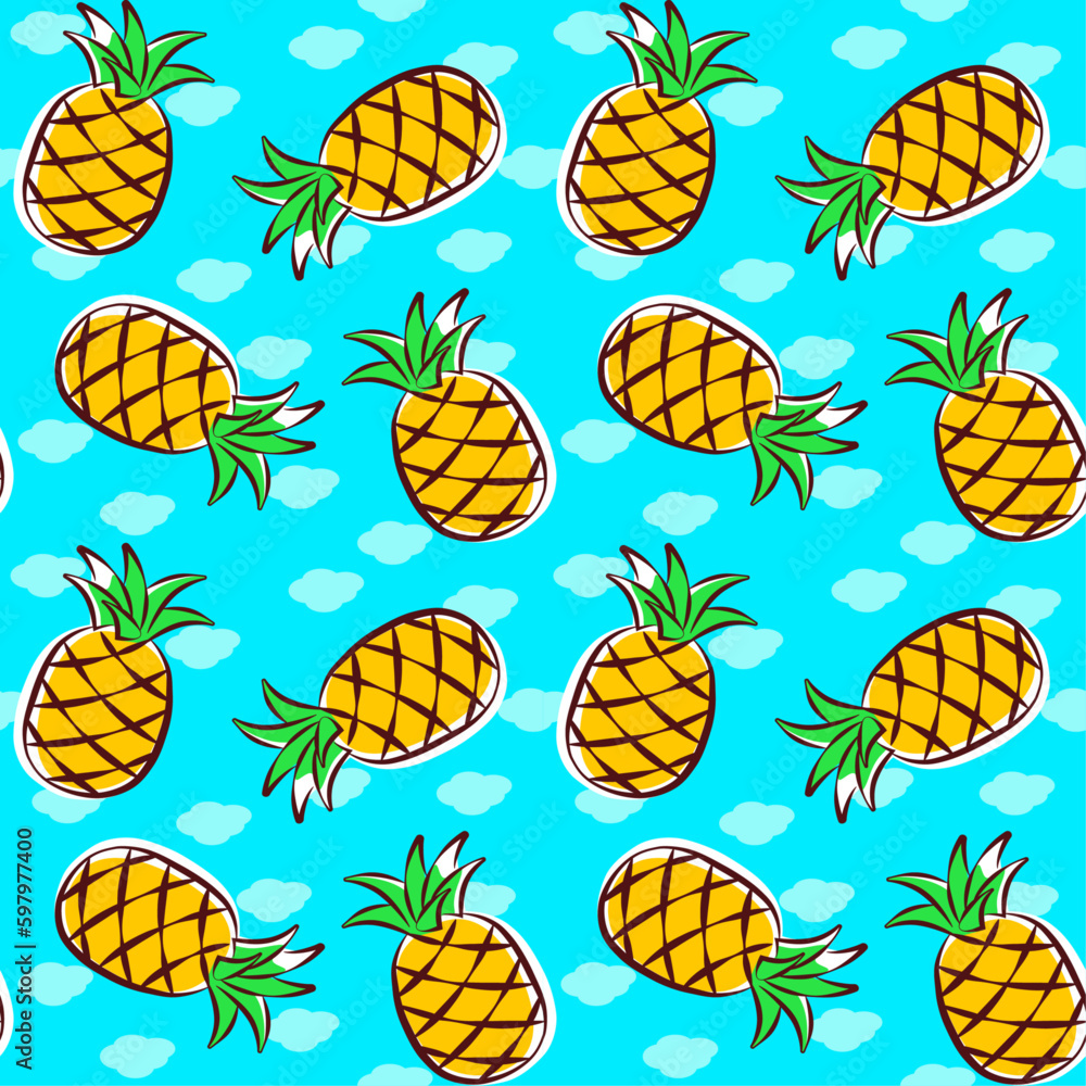 Fototapeta premium Decorative colorful pineapple, seamless vector pattern, yellow fruit on blue background, summer prints, wallpaper, textile.