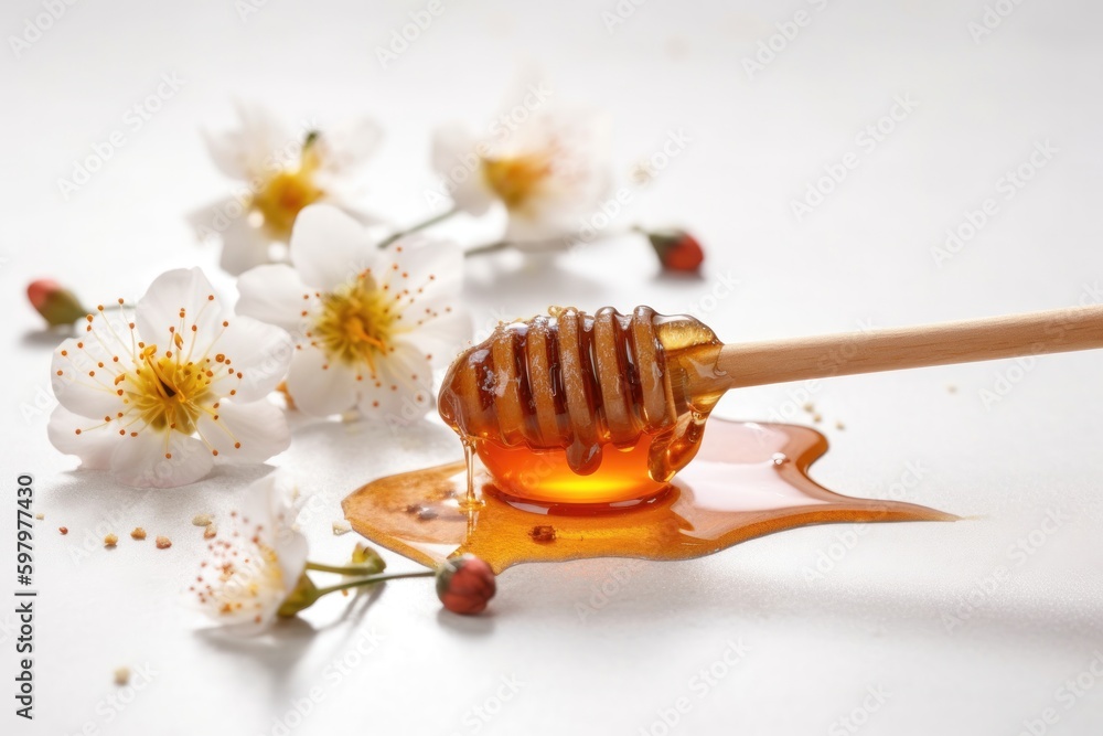 Φωτογραφία Sweet Shots: Capturing the Beauty of Manuka Honey with a Honey Dipper and Flower in Stunning Photography against a Light Background