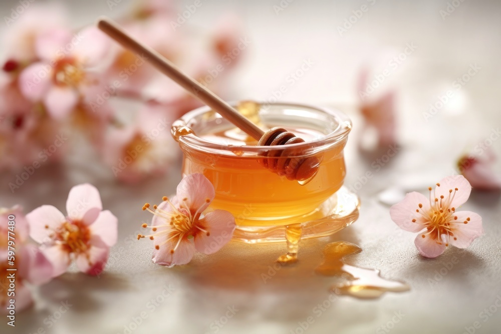 Sweet Shots: Capturing the Beauty of Manuka Honey with a Honey Dipper and Flower in Stunning Photography against a Light Background. Generative Ai Sweet Shots: Capturing the Beauty of Manuka Honey with a Honey Dipper and Flower in Stunning Photography against a Light Background. Generative Ai
