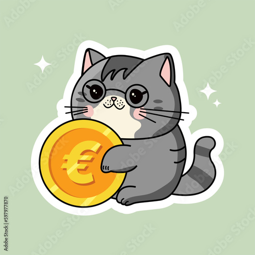 Vector kawaii cute cat mascot with gold coin euro illustration rich cat EUR