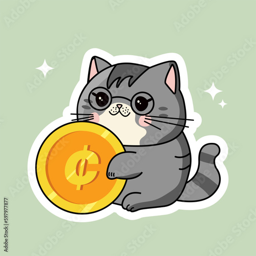 Vector kawaii cute cat mascot with gold coin dollar cent illustration rich cat USD cent