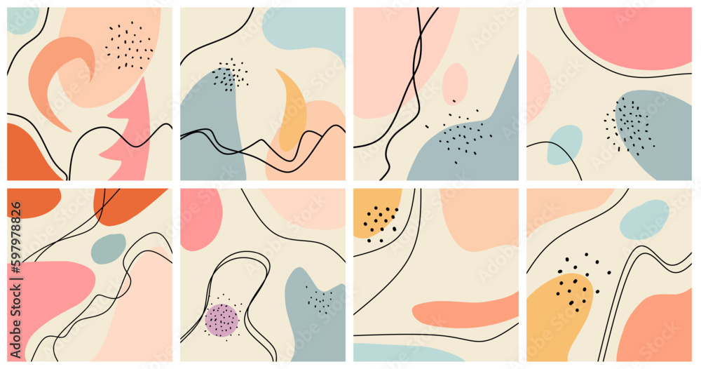 Set of eight abstract backgrounds. Hand drawn various shapes and doodle objects. Contemporary modern trendy vector illustration. Every background is isolated. Pastel colors Set of eight abstract backgrounds. Hand drawn various shapes and doodle objects. Contemporary modern trendy vector illustration. Every background is isolated. Pastel colors