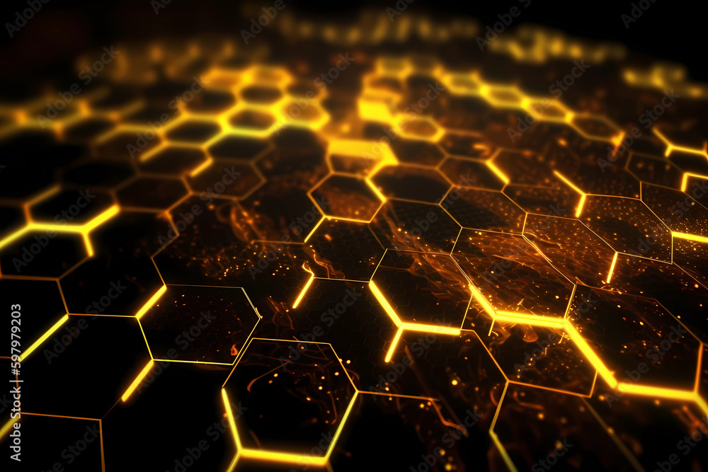 Abstract AI Network Background Hexagon Yellow Uhd. Created by Generative AI